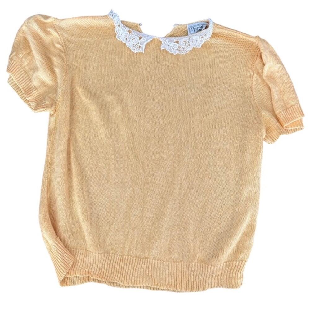 Women’s M herald House Knit Sweater Top Yellow Lace Trim Cottagecore USA